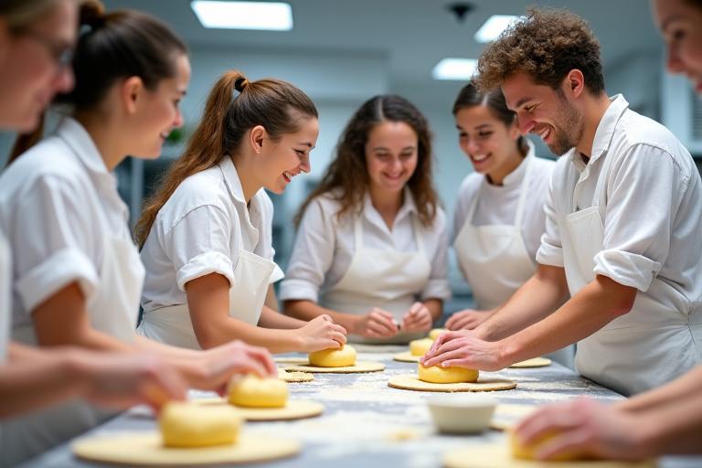 Un gruppo di persone sorridenti e impegnate in un corso pratico di pasticceria con un maestro, concentrati sull'impasto.