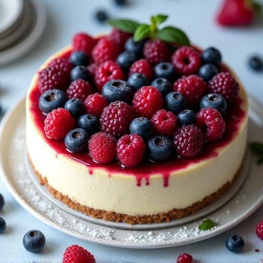 Cheesecake cremosa decorata abbondantemente con frutti di bosco freschi.