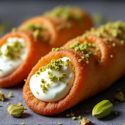 Cannoli siciliani croccanti, ripieni di ricotta dolce e spolverati di pistacchio.
