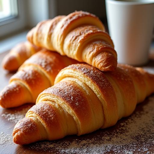 Cornetti sfogliati appena sfornati, dorati e pronti per la colazione.