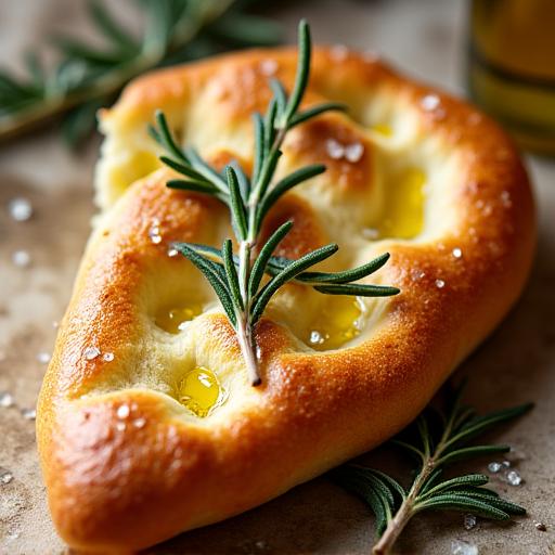 Trancio di focaccia ligure alta e soffice con olio extra vergine d'oliva e rosmarino.