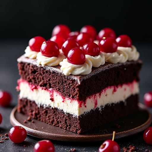 Torta al cioccolato fondente con strati di crema e ciliegie amarene.
