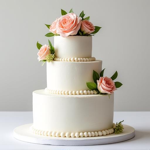 Torta nuziale bianca a tre piani splendidamente decorata con rose fresche.