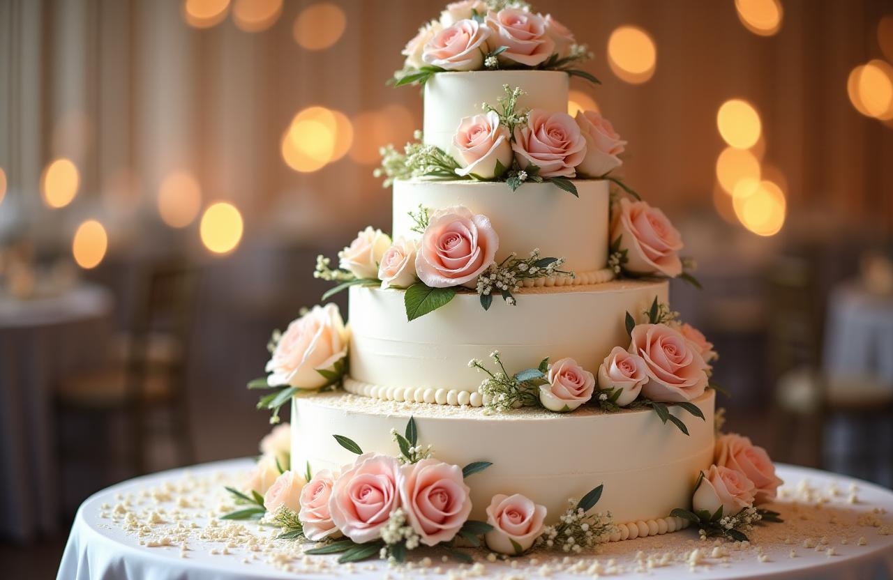 Magnifica torta nuziale a più piani decorata con fiori freschi.