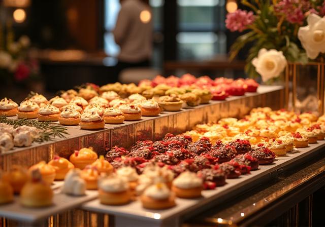 Un tavolo da buffet elegantemente allestito con una varietà di pasticcini e salati gourmet per un evento.