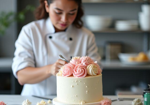 Pasticcere che decora finemente una torta per un evento speciale con glassa e fiori.