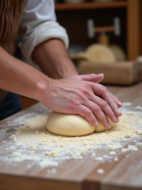 Le mani esperte di un pasticcere che impasta su un tavolo di legno infarinato.